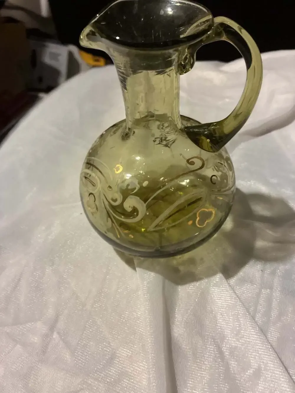 Vintage Hand-Blown Bohemian Olive Green Glass Ewer Pitcher with Gold and White E